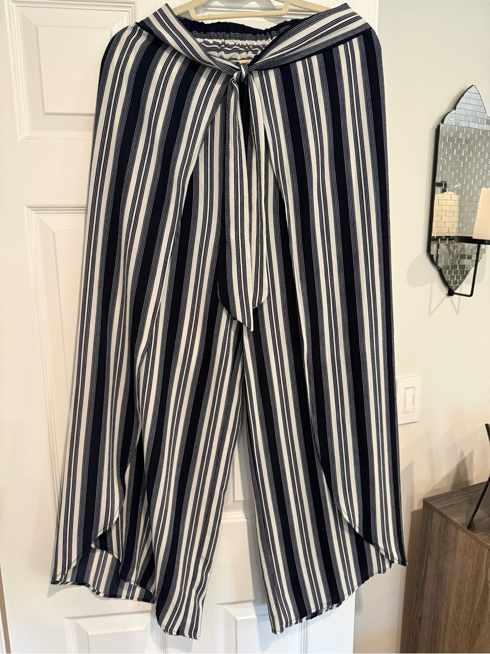 Aqua Navy & White Striped Wide-Leg Tie-Waist Pants